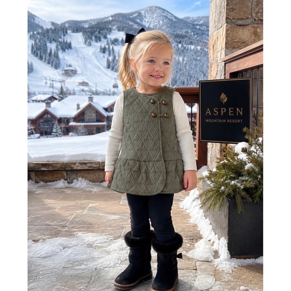 Aspen Kids Vest Girls 3T Olive Green Quilted Puffer Peplum Hem Buttons old money